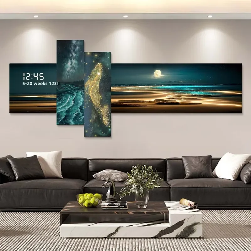 Whale Waves Frameless Digital Electronic Clock Wall Hanging Art for Living Room & Bedroom