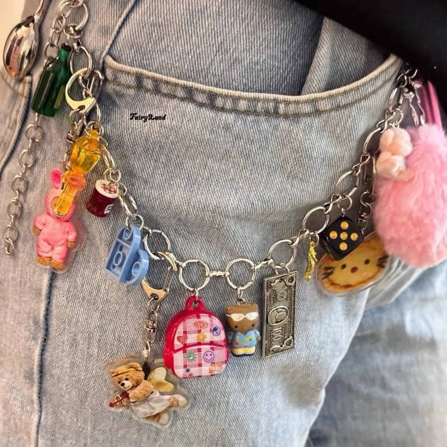 New Edgy Maximalist Waist Chain Multi-use Jeans Accessory Multi-element Plush Bag Hanging Charm for Women