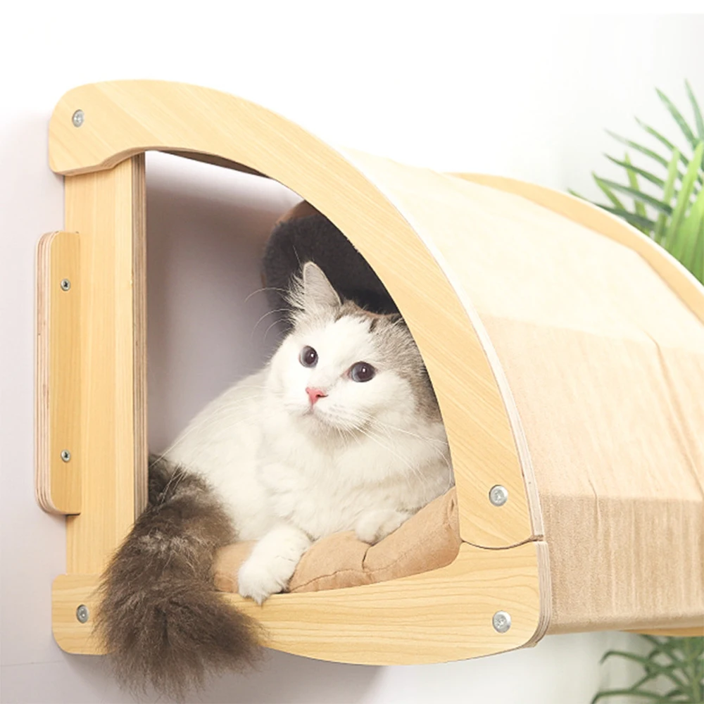 Cat Wall Mounted Solid Wooden Furniture Climbing Ladder and Cat Hammock with Scratching Post for Activity Indoor Cats Perches