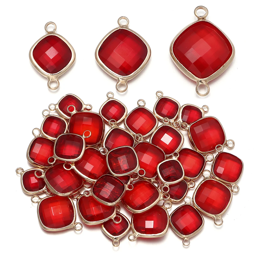 5 Stück/Lot quadratische facettierte Glasanhänger mit Metallkanten, Zweiloch-Verbinder, Charm für Armband, Halskette, DIY-Schmuckherstellung, Zubehör – Detail 3