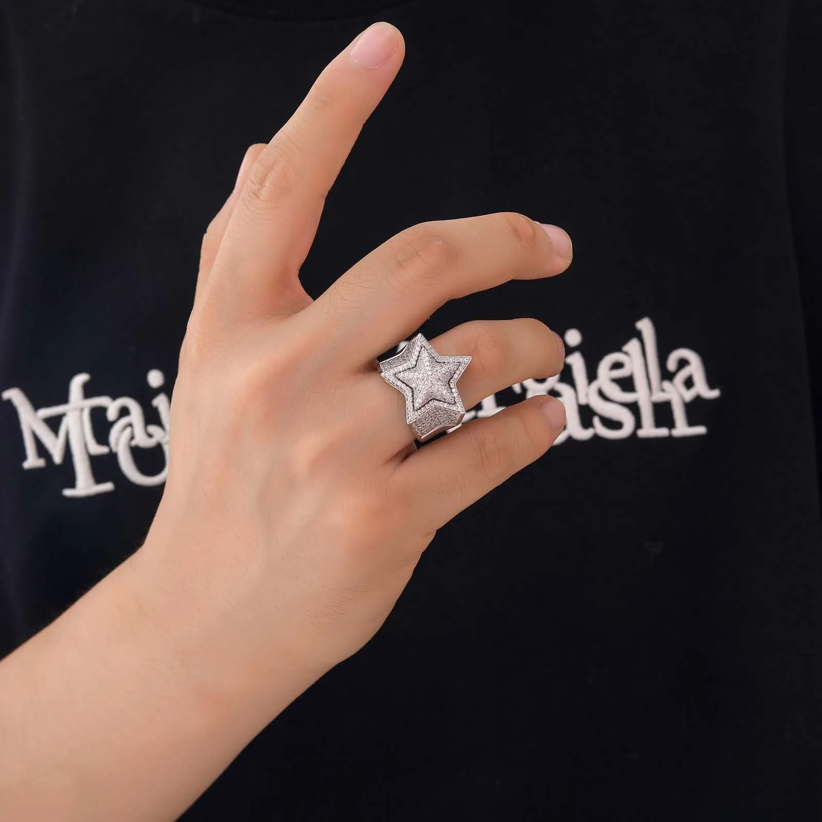 

Iced Out 2 Layers Pentagram CZ Rings for Women Men Micro Pave Setting AAAAA Cubic Zirconia Rings Fashion Jewelry for Rappers
