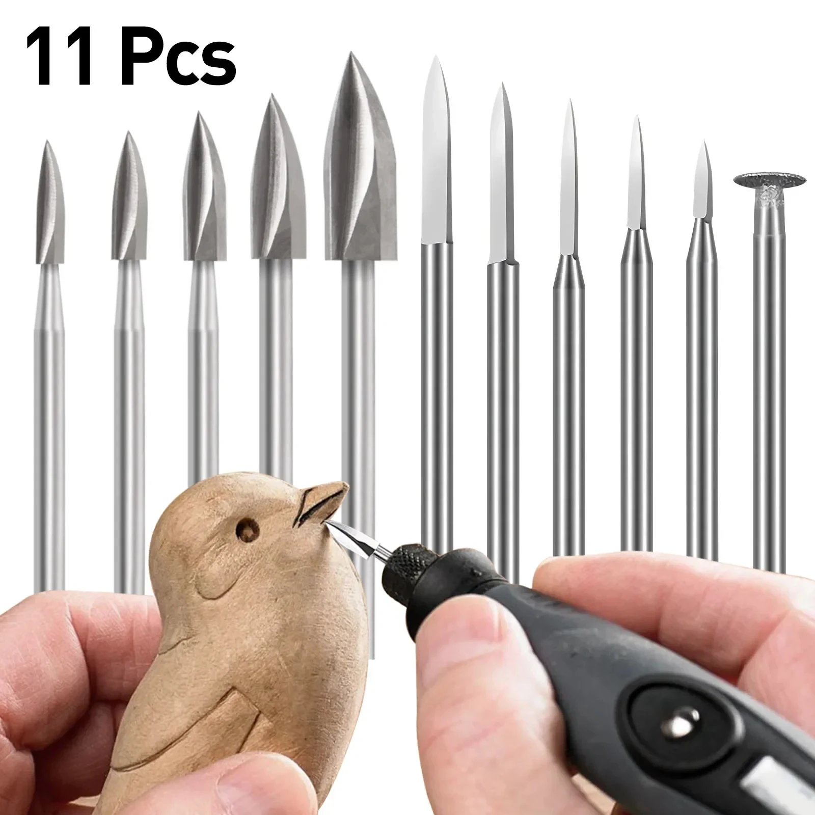 11-Piece HSS Wood Carving Bit Set for Rotary Tools, Precision Engraving Wood Carving, Root Carving, and Nuclear Carving
