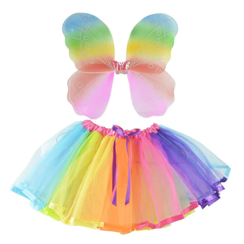 

Kids Girls Fairy Princess Costume Rainbow for Butterfly Wings Skirts Colorful Birhday Party Stage Halloween Wear