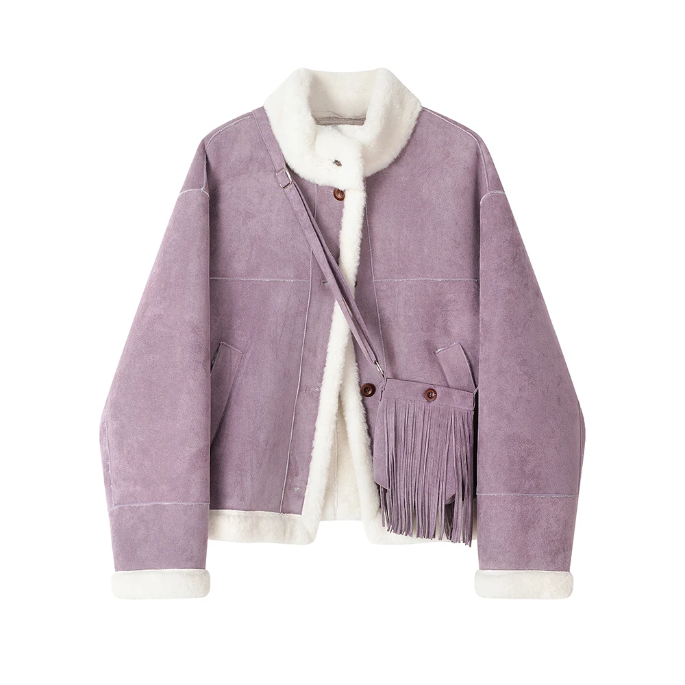 

Women's Short Suede Jacket with Faux Shearling Lining Oversized Fringe Trim Warm Winter Coat 2025 New Fleece Outerwear