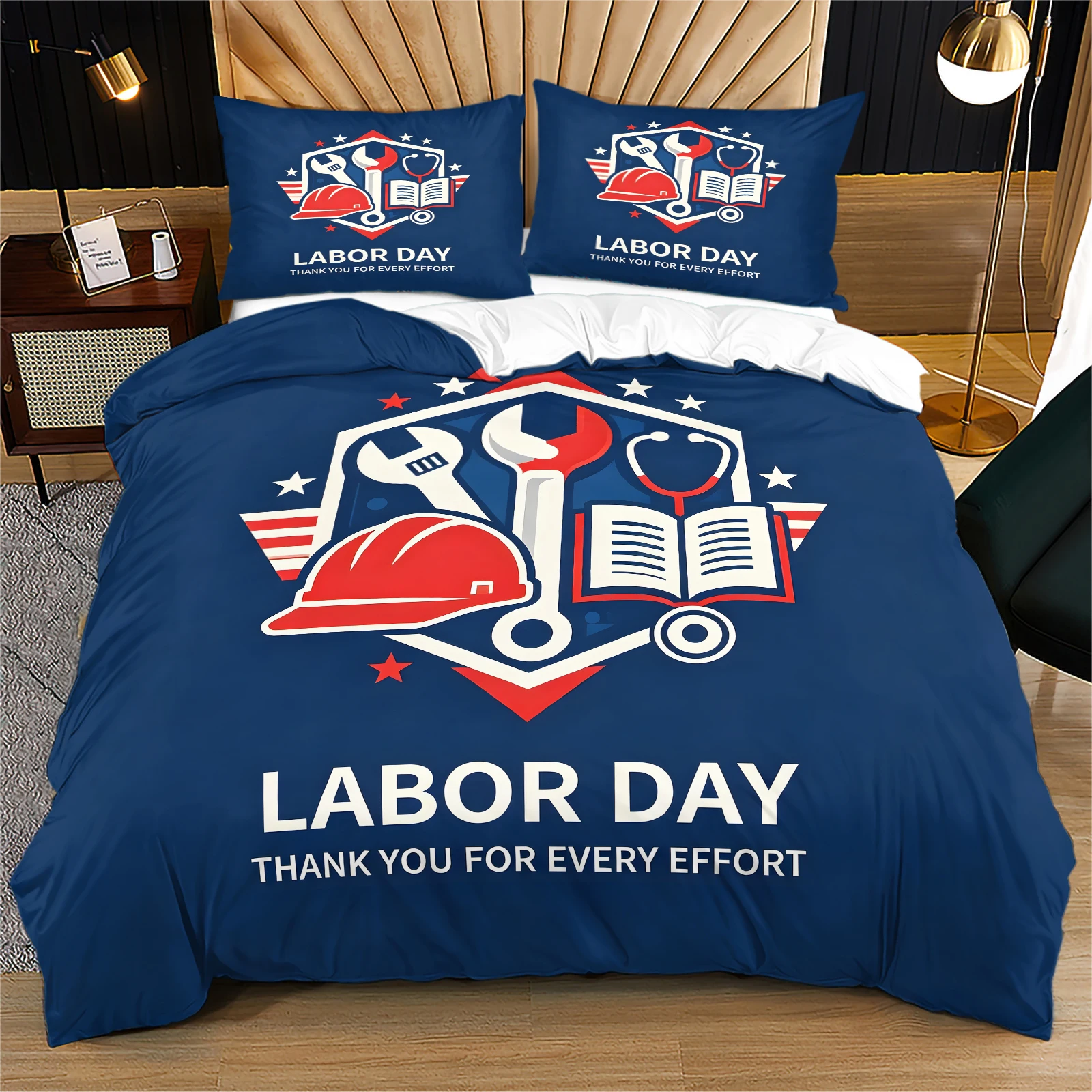 Labor Day Duvet Cover Set Wrench Hard‑Hat Book Stethoscope Print Bedding Set Soft Microfiber Zipper Quilt Cover With Corner Ties