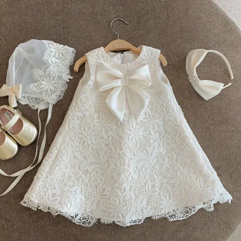 2023 Flower Girls Baptism Dresses Baby 1st Birthday Princess Outfits Infant White Ball Gowns Kids Wedding Party Lace Bow Dress