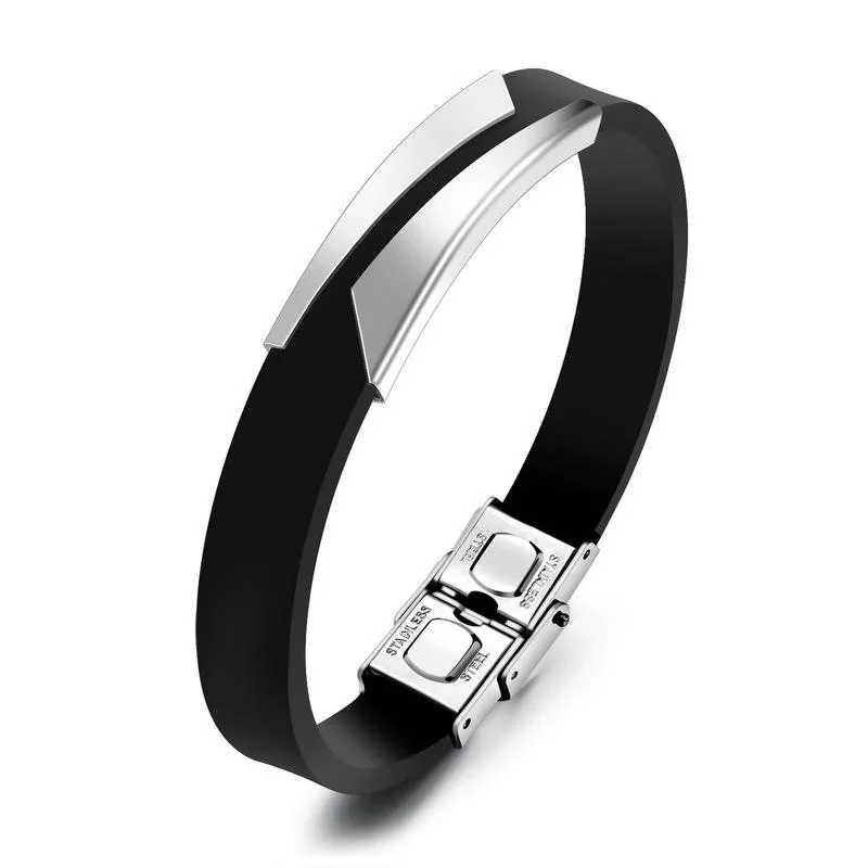 Stainless Steel Bracelet Men Wrist Band Black Rubber Silicone Punk Wristband Stylish Casual Bangle