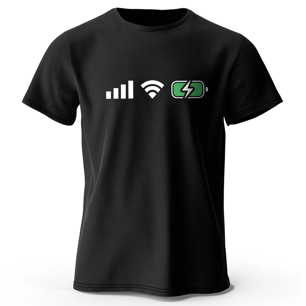 Camiseta estampada com bateria wi-fi, 100% algodão, camiseta gráfica técnica de grandes dimensões para homens e mulheres, tops de verão, roupa de rua digital