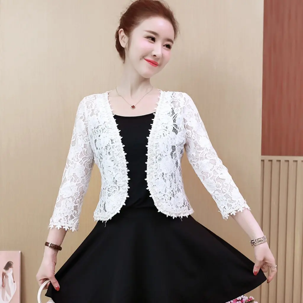 Damski kardigan koronkowy plus size S-4XL, jesienny, ażurowy, oddychający, krótki, odzież klimatyzacyjna zapobiegająca przegrzewaniu.