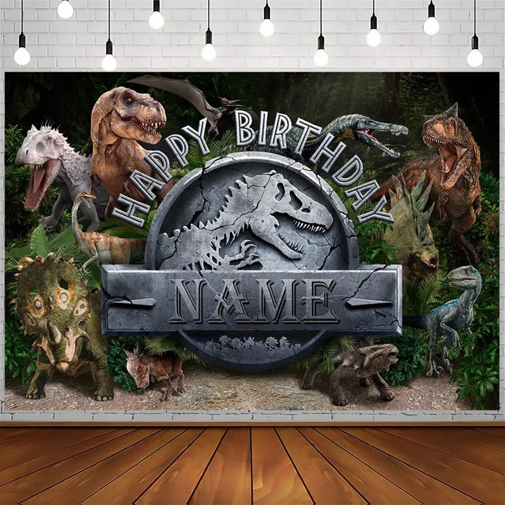 

Dinosaur Custom Name Happy Birthday Backdrop Jungle Animal Safari Wild Birthday Party Decor Cake Photo Photography Background