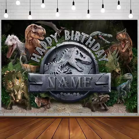 Dinosaur Custom Name Happy Birthday Backdrop Jungle Animal Safari Wild Birthday Party Decor Cake Photo Photography Background