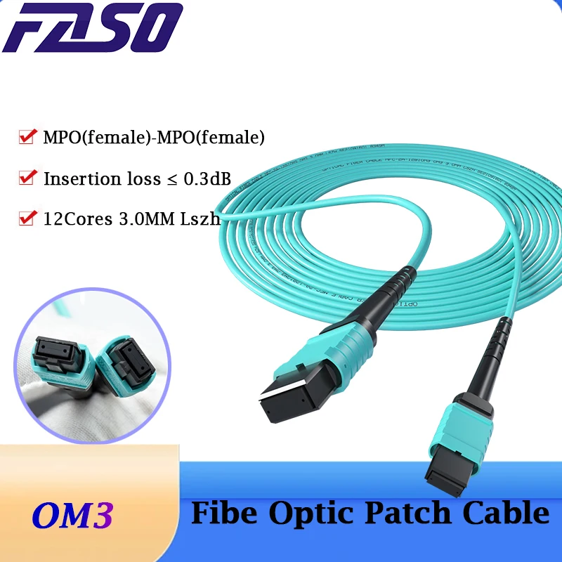 FASO MPO(Female) to MPO(Female) OM3 12-cores Multimode Fiber Jumper Patch Cord, for QSFP+Transceivers Application