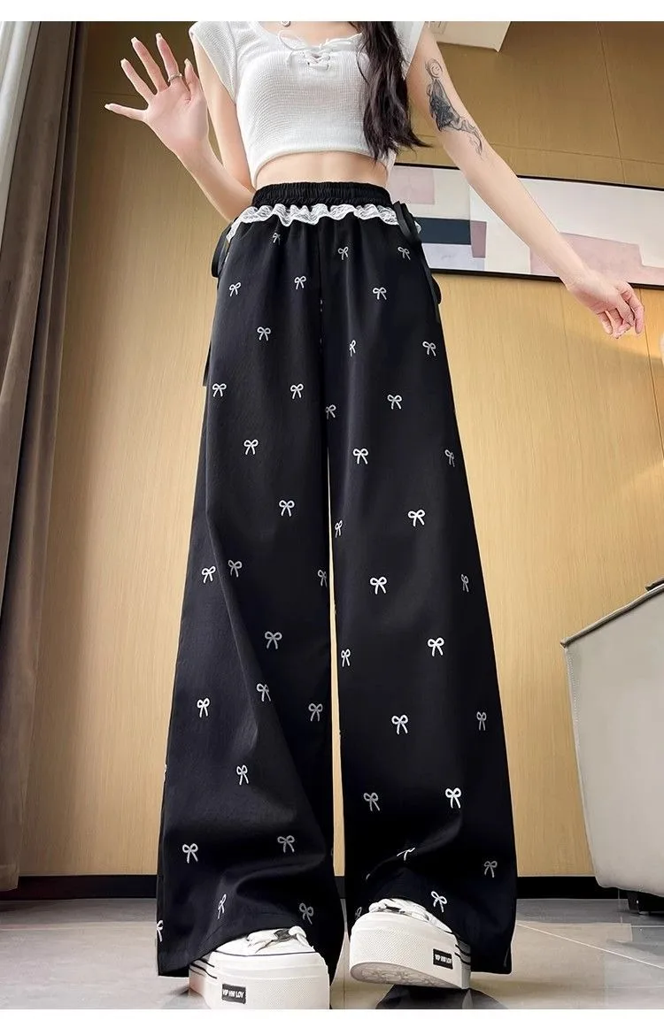Süße und würzige Mädchenhose mit Spitzenbesatz, lässige Hose mit Schmetterlings-Schleife, lockere Damen-Hose mit weitem Bein, gerade geschnittene Hose – Detail 4