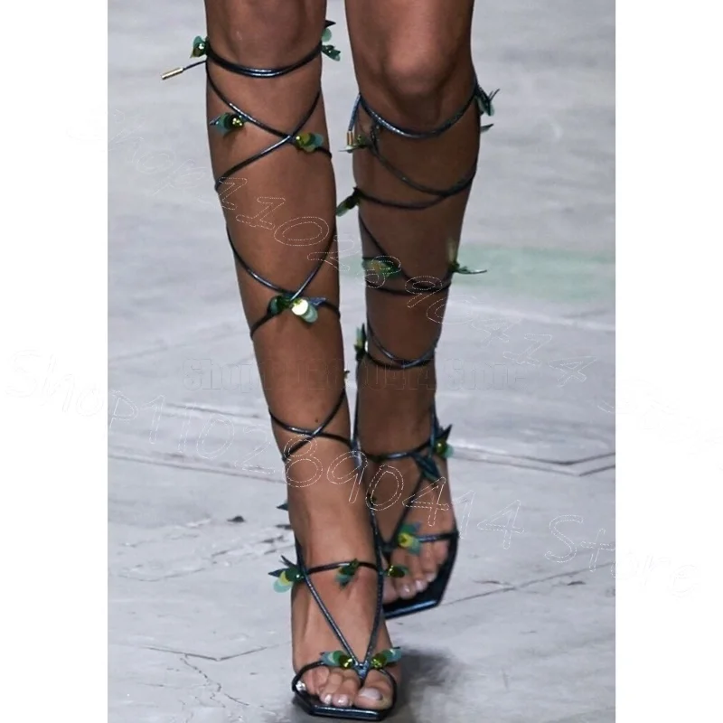 

Green Sequins Hollow Design Flip Flop Sandals Boots Lace Up Women Shoes Thin High Heels Party Runway 2025 Zapatos Para Mujere