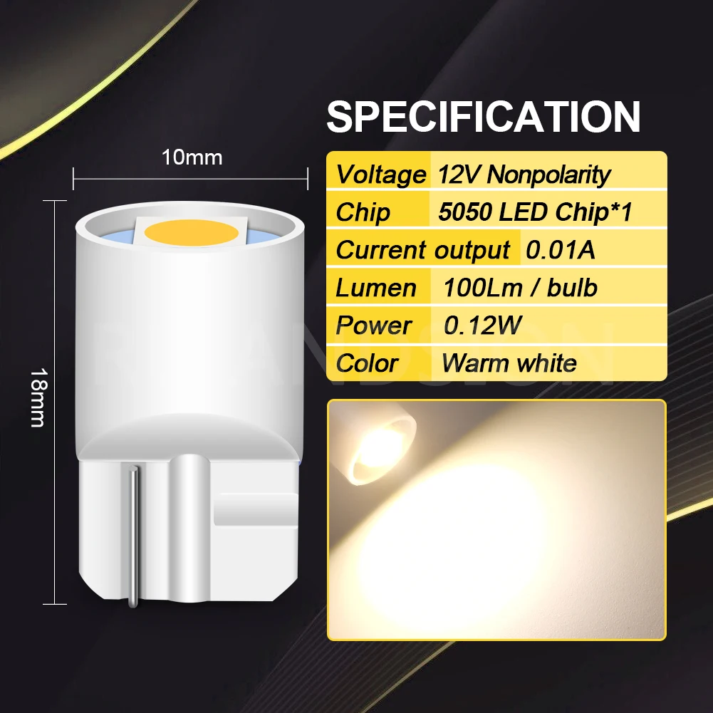 10x T10 LED W5W 자동차 사이드 인테리어 조명 12V 자동 화이트 6000K 주차 마커 돔 램프, 레드 옐로우 블루 핑크 퍼플 그린 4300K
