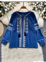 Women's Spring Autumn Shirt New Retro Bohemian Embroidered Lace Up Lantern Long Sleeves Blouse Top A161