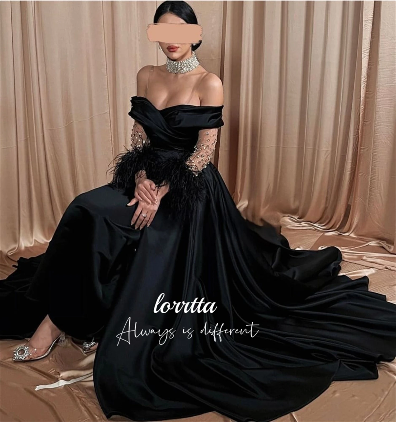 

Lorrtta Feather Decoration Grace Glitter Black Satin Evening Dress Sharon Happy Dresses Elegant Women 2024 Wedding Midi Cocktail