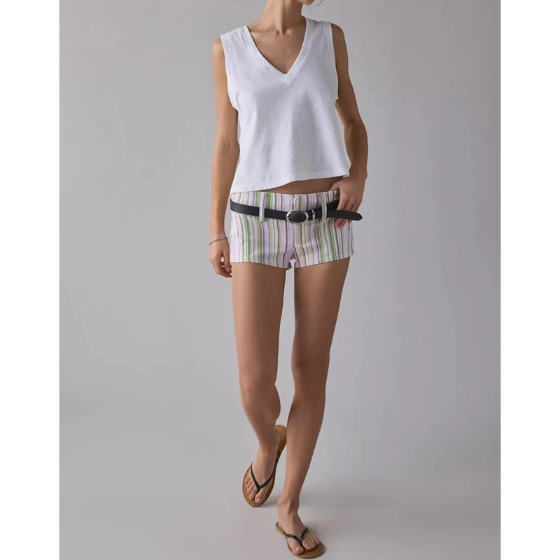 Women's Button Low Rise Slim Tailored Mini Shorts Y2K Dot Print/Striped Bodycon Going Out Micro Hot Pants for Summer