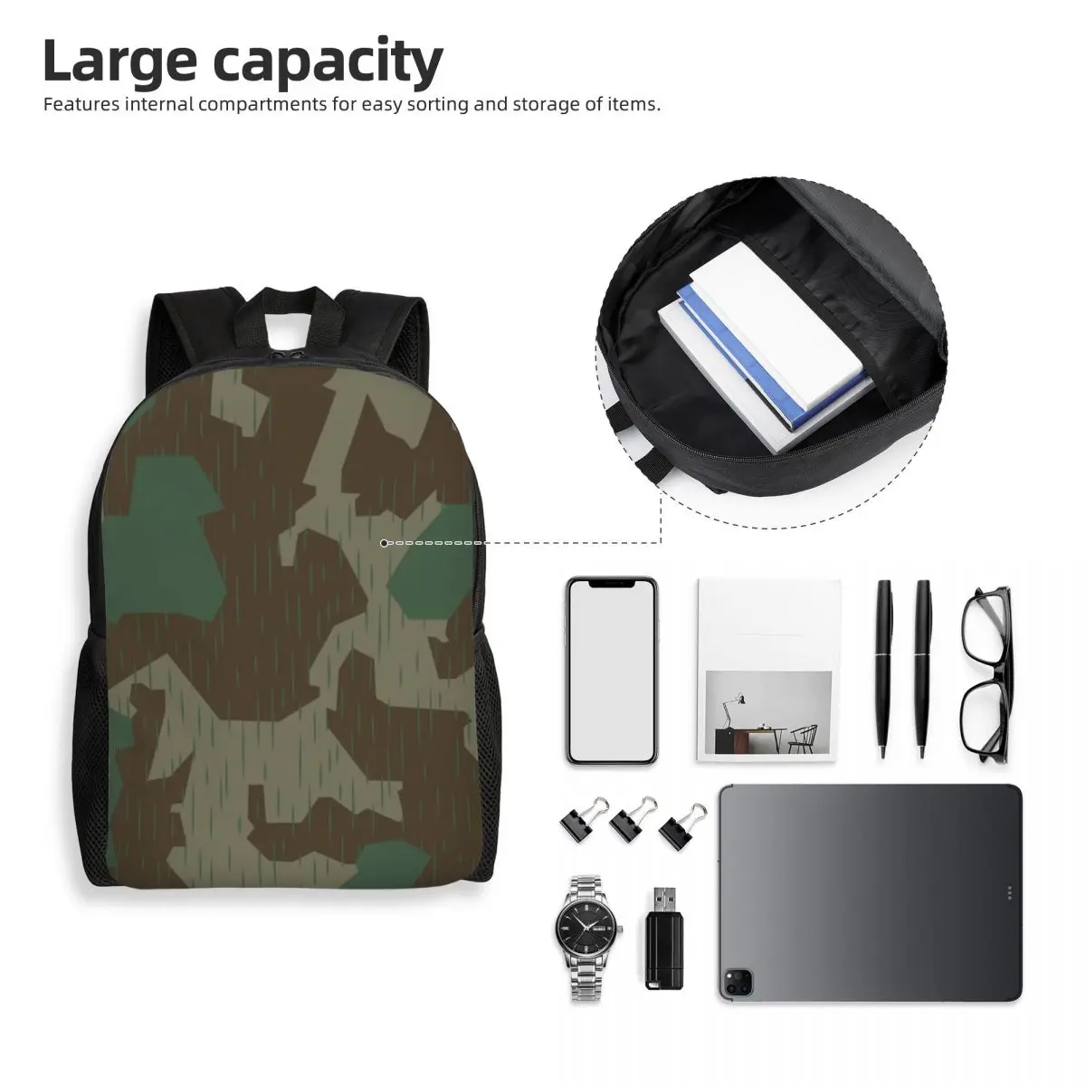 Custom WW2 Splintertarn German Military Camouflage Laptop Backpack  Basic Bookbag for College School Students Tactical Camo Bag