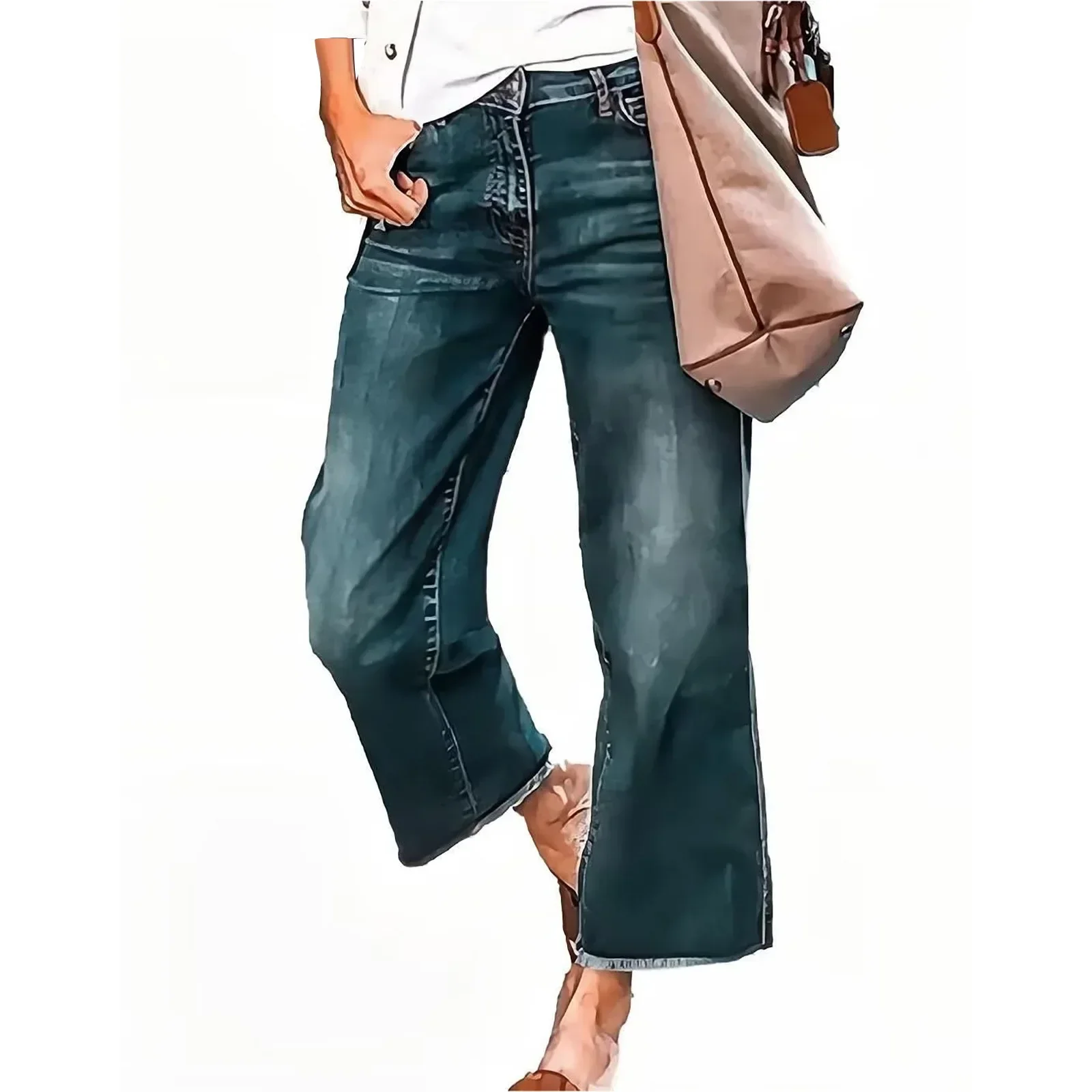 

Denim Wide Leg Pants Women Jeans High Waist Washed Vintage Distressed Pockets Streetwear 2025 Straight Ankle Length Trousers