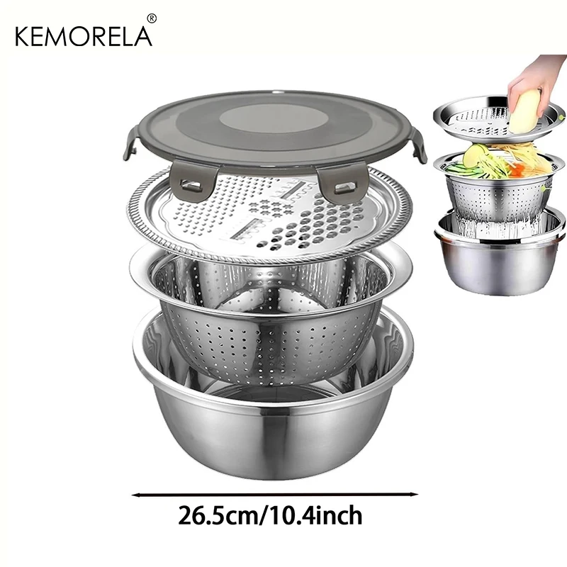 4 In1 Multifunctional Stainless Steel Basin with Lid Airtight Rice Washer Drain Colander Ginger Cheese Grater Strainer Bowl