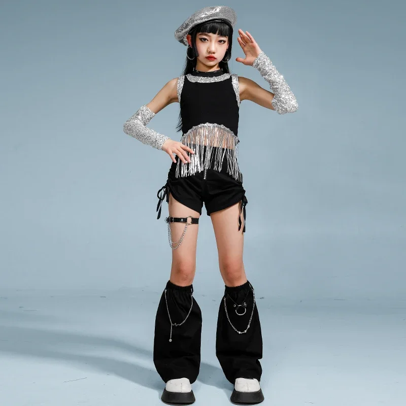 Hip Hop สาว Sequined Tassels Crop Tops ร้อนสั้น Street Dance กระโปรงเด็ก K-pop Streetwear เด็กแจ๊สเสื้อผ้าชุดเครื่องแต่งกาย