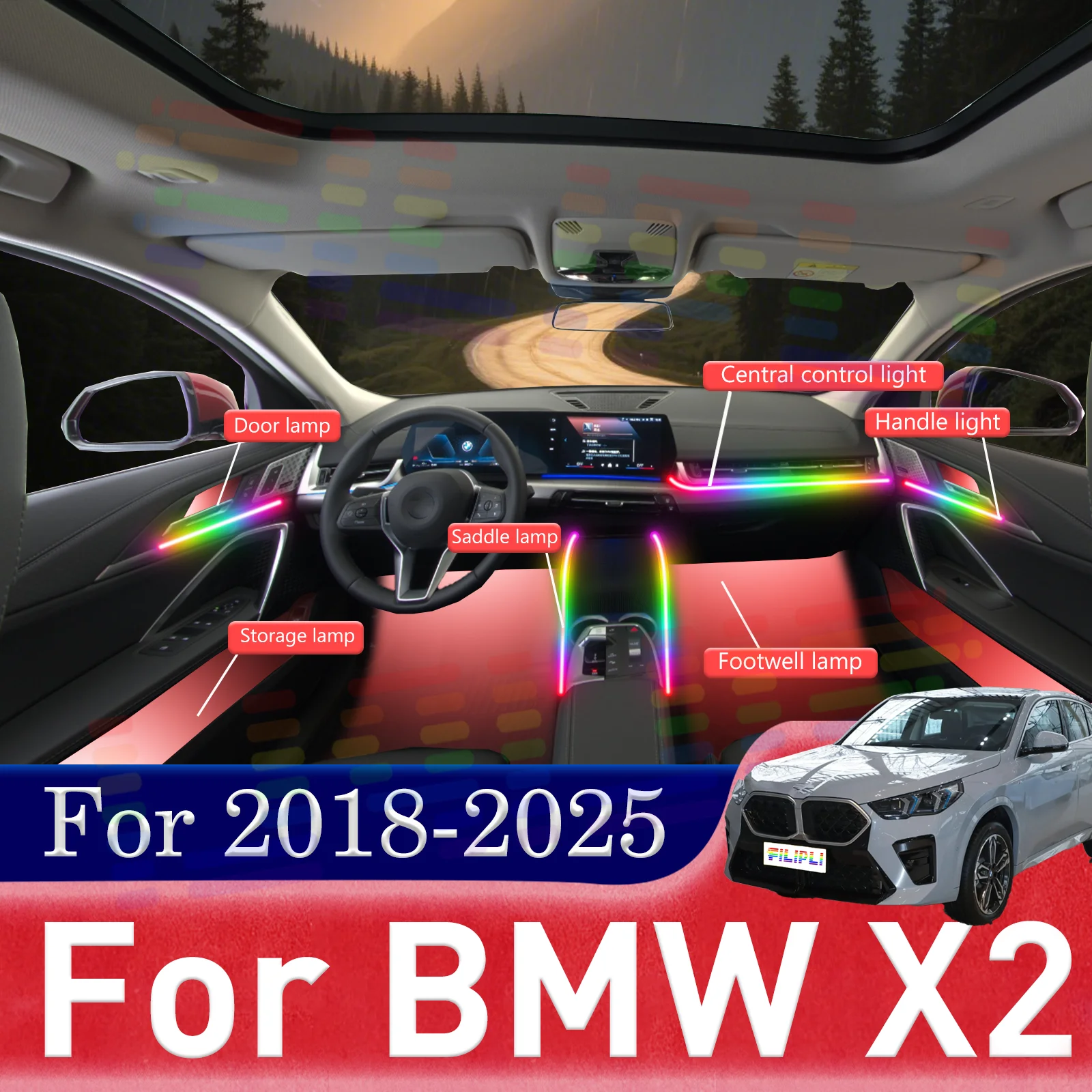 

6 In1 for BMW X2 F39 F39 Car LED Ambient Lamps Colorful Atmosphere Lights Auto Interior Neon Strip 64 RGB Lighting 64 colors APP