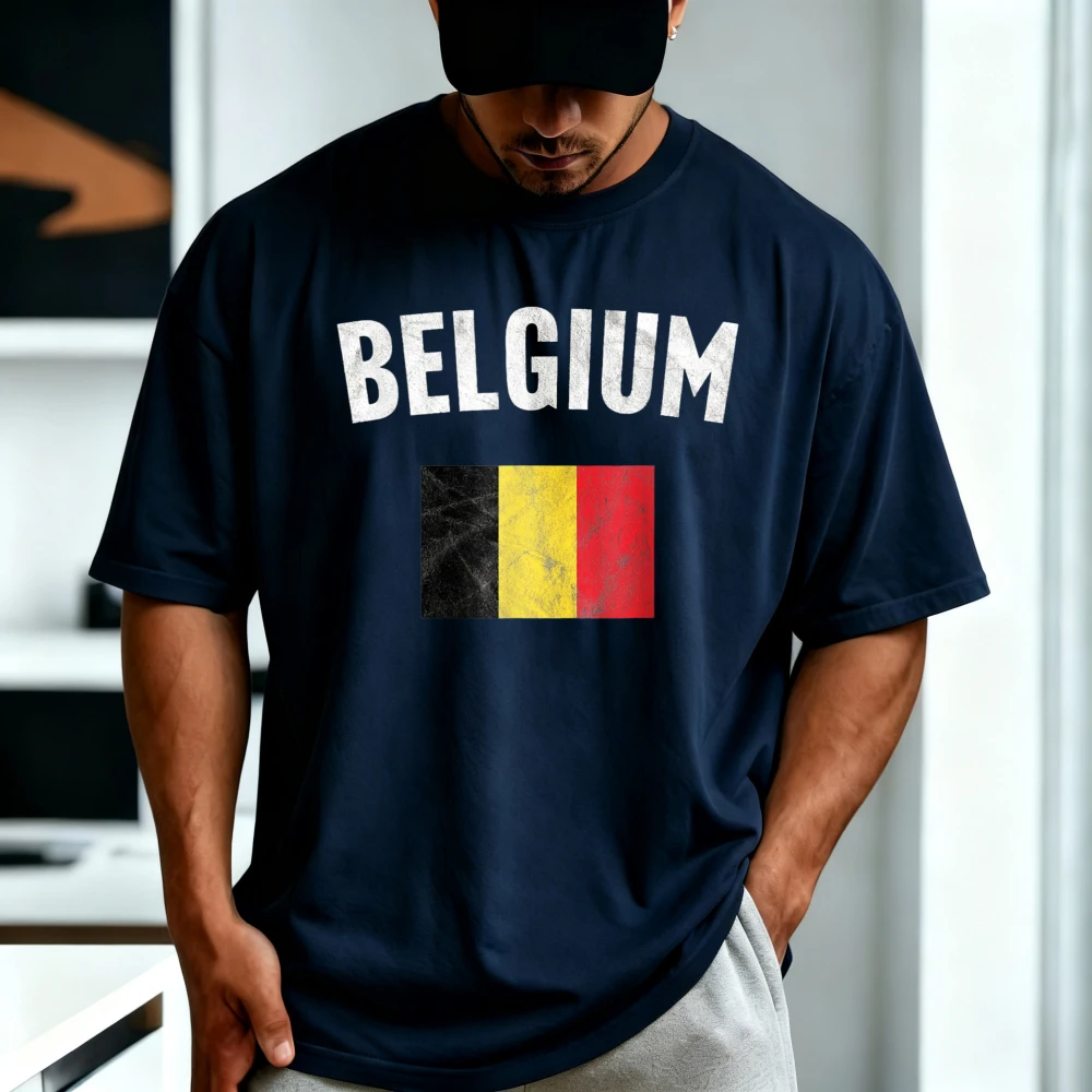 Vintage Belgium Flag Graphic Printed Belgian Pride T-Shirt Casual Fashion Loose Man Women Classics Tshirt Short Sleeve Tees