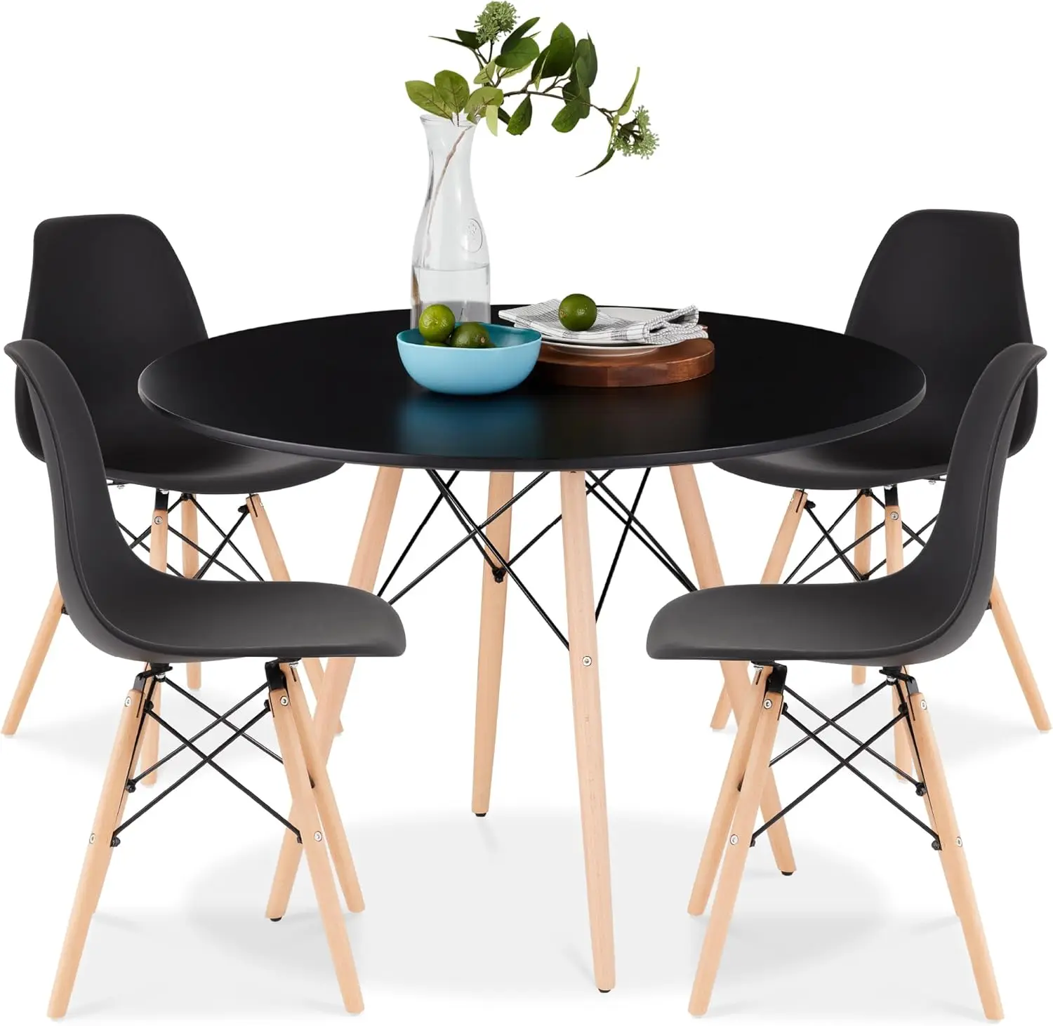 Products 5-Piece Dining Set, Compact Mid-Century Modern Table & Chair Set for Home, Apartment w/ 4 Chairs, Plastic Seats, Wooden