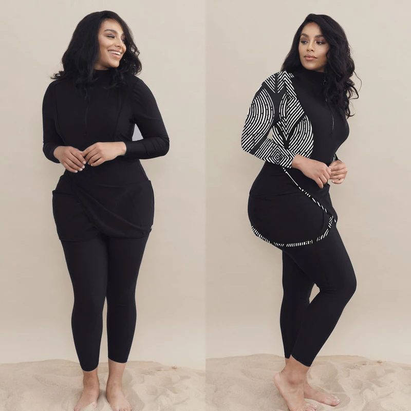 3PCS/Set Plus Big Size Burkinis Muslim Swimming Suit Swimwear Women Modest Patchwork Long Sleeve Sport Swimsuit Islamic