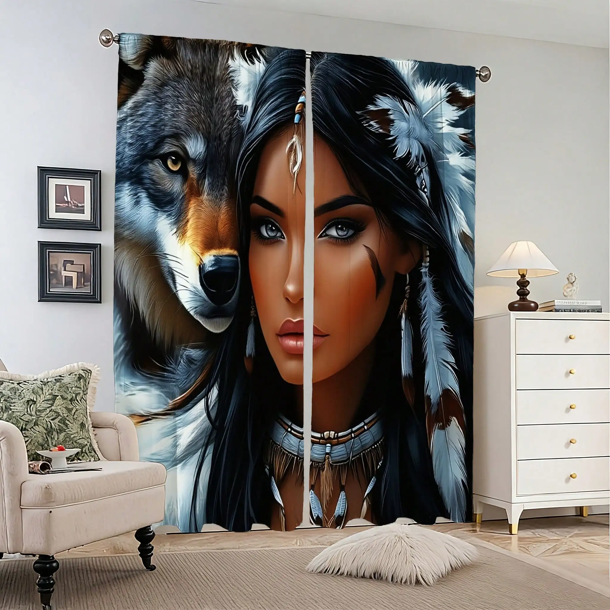 2pcs Modern  Wolf Print Semi-Sheer Curtains Suitable For Living Room, Bedroom, Kitchen Rod Pocket Window Drapes With Wolf Totem