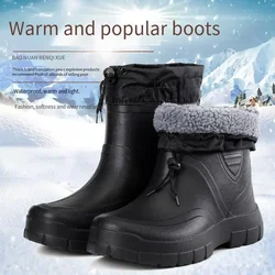 2023 Winter Windproof Cotton Rain Boots Men Warm Light Ankle Rainboots Fashion Black Slip on Rain Shoes Men Waterproof Work Boot