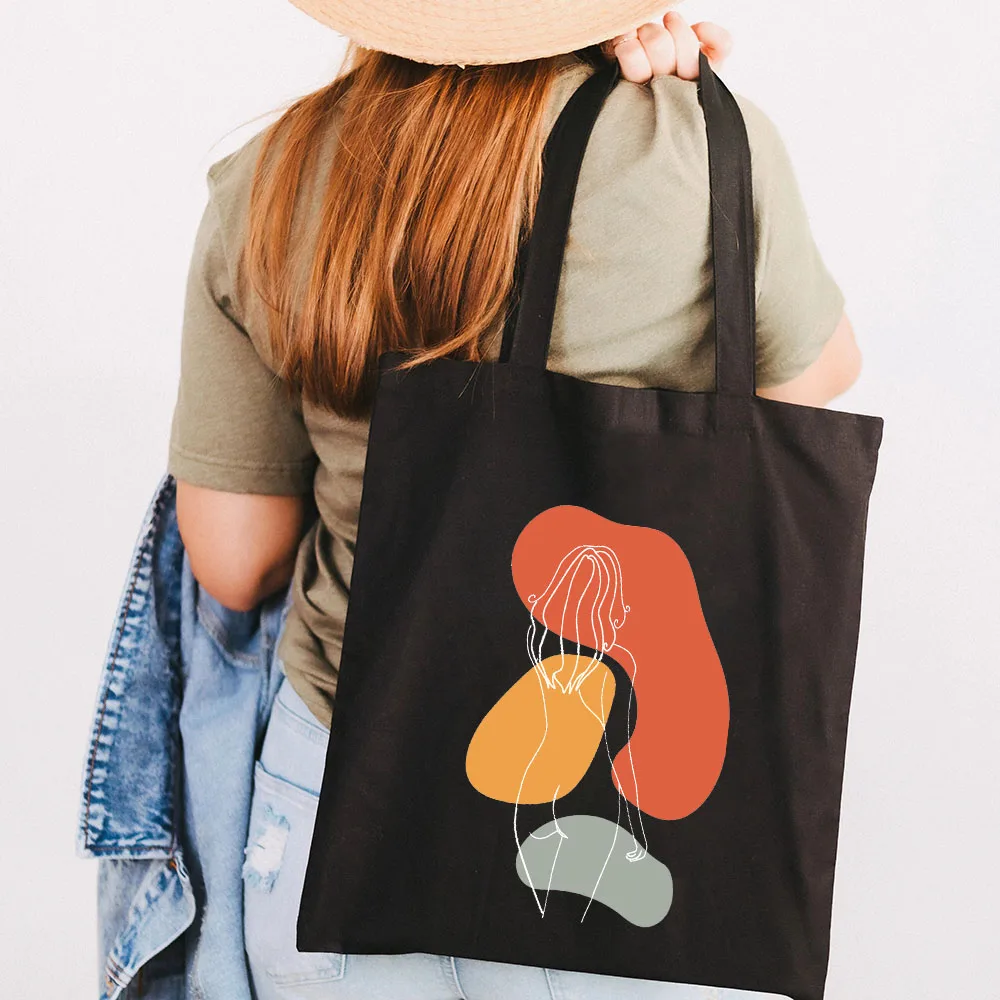 Bolso de mano de algodón de lona para mujer y niña, bolsa de mano con diseño geométrico de una línea de cara de flor minimalista abstracta, bolso de compras para estudiantes