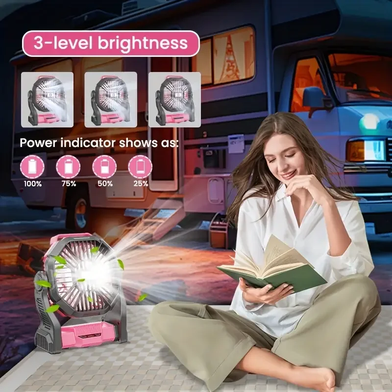 Pengisian + Penerangan + Kipas Angin Kipas Gaya Berkemah Listrik Tiga-Dalam-Satu dengan Lentera Led Kipas Tenda Portabel dengan Fungsi Putar, Fungsi Catu Daya Darurat Saat Pemadaman Listrik, Cocok untuk Operasi Barbekyu atau Perjalanan
