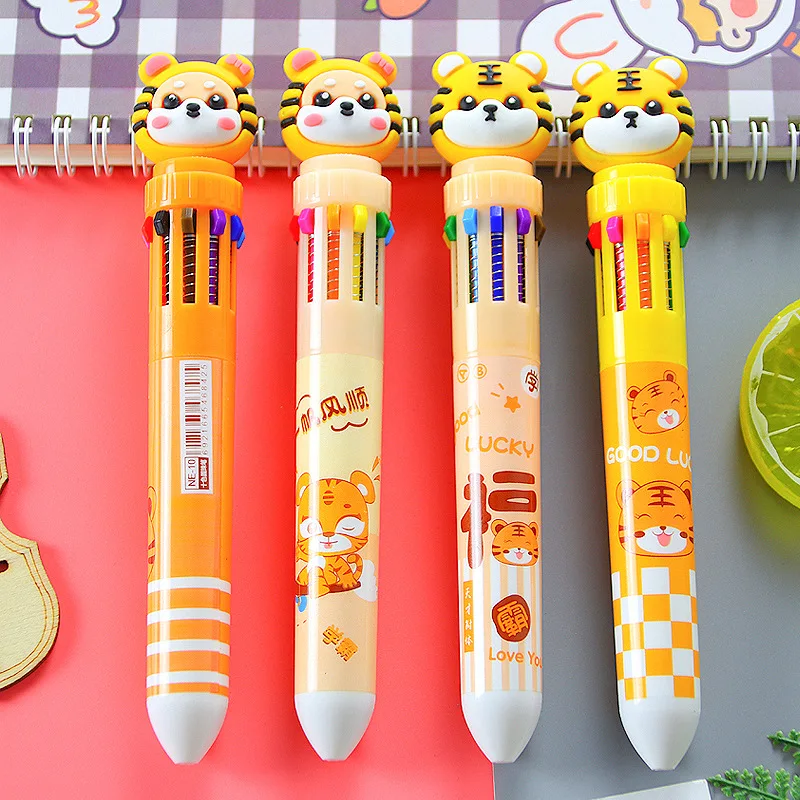 4pcs/pack Little Tiger 10 Color Ballpoint Pen, Colorful Creative Student Stationery Multi-color Hand Account Pen