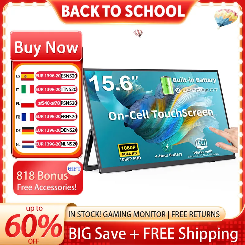 UPERFECT 15,6" Tragbarer Monitor Touchscreen Eingebauter Akku 8000mAh 100% SRGB Ultra-Slim 10-Punkt-Touch-Display USB-C & MINI HDMI VESA & Ständer Reise-Zweitbildschirm für Laptop, Computer,