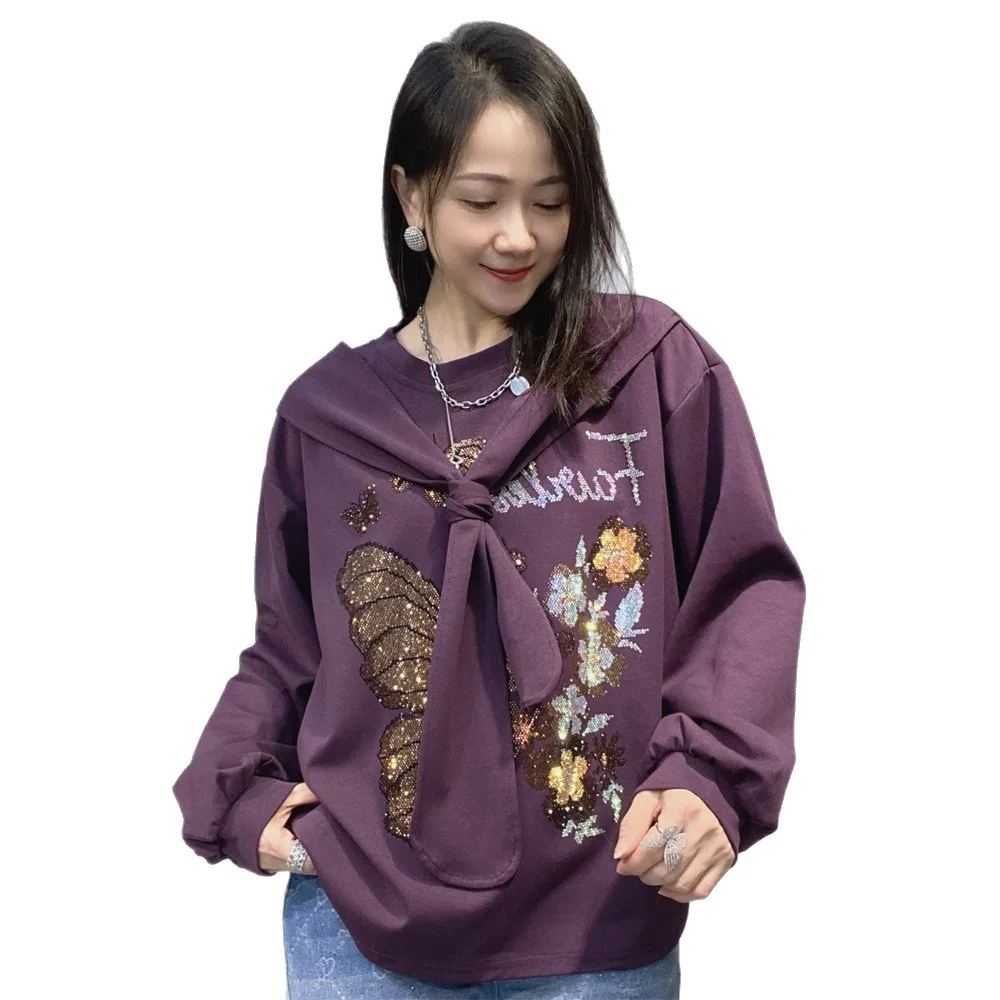 Trendy New Autumn Fashion Long Sleeve Sweatshirt Faux Two-piece Shawl Scarf Loose O-neck Pullover Top Diamonds Butterfly Hoodies