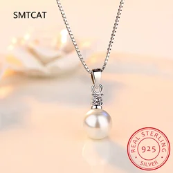 Real 925 Sterling Silver Zircon Round Bead Pearl Pendant Choker Necklace For Charm Women Fine Jewelry Minimalist Accessories