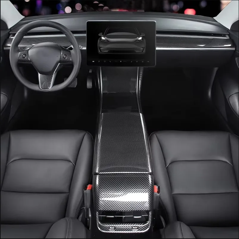 for Tesla Model Y 3 2023 ABS Carbon Fiber Center Console Wrap Cover Kit Dashboard Armrest Door Side Trim Sticker Accessories