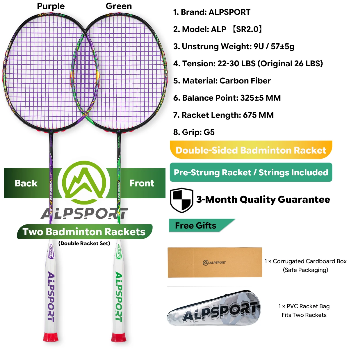 ALPSPORT SR2.0 両面カラー バドミントンラケット 9U 54g G5 T1000