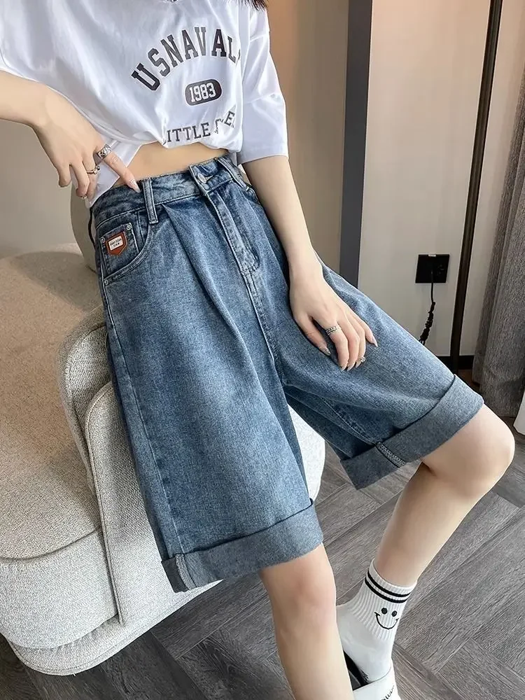 

Джинсовые шорты в стиле ретро для женщин, тонкие летние новые брюки с высокой талией большого размера, тонкие повседневные и универсальные брюки среднего размера XT1096