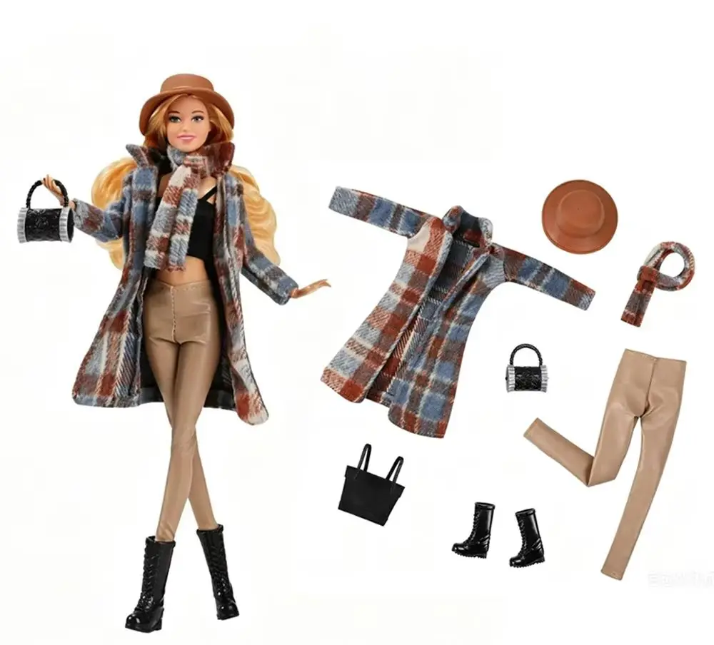 7 pcs/set Fashion Clothes and Accessories set for 11.5 Inch Dolls, Coat+ Hat+Bag + Tops and Pants Cute Outfits DIY Kids Toys