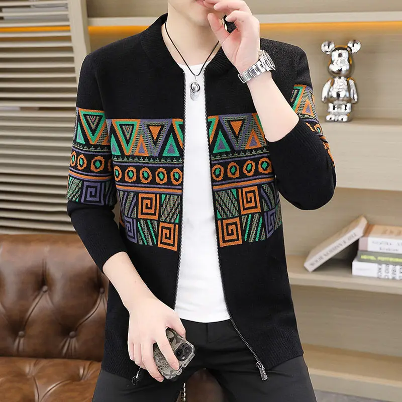 

Осенне-зимний кардиган, двусторонний шерстяной мужской свитер в китайском стиле на молнии с воротником-стойкой, вязаное повседневное пальто