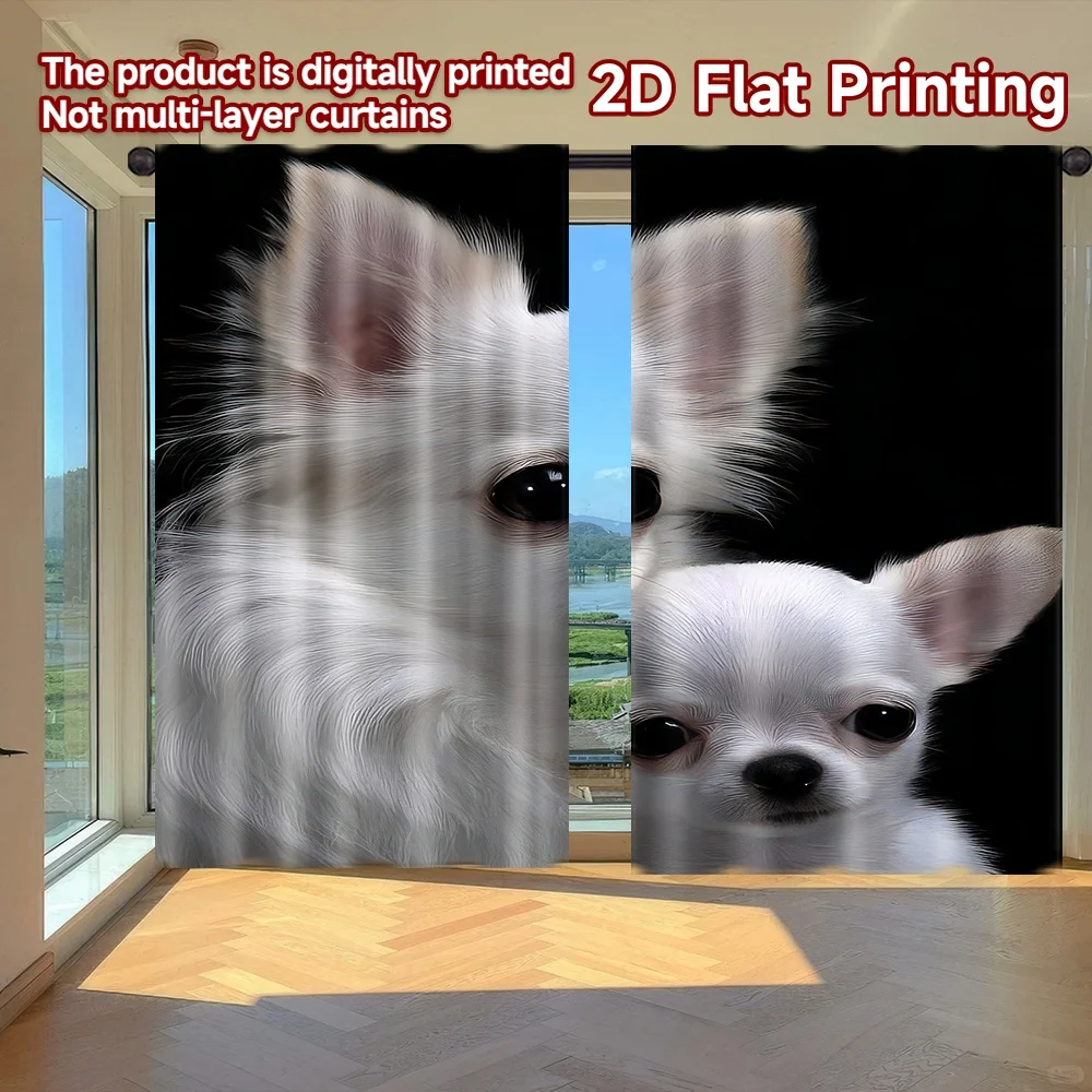 2D flat printing 2pcs Window Curtains White Fluffy Chihuahua Digital Printed Polyester Drapes All Season Party & Holiday Decor