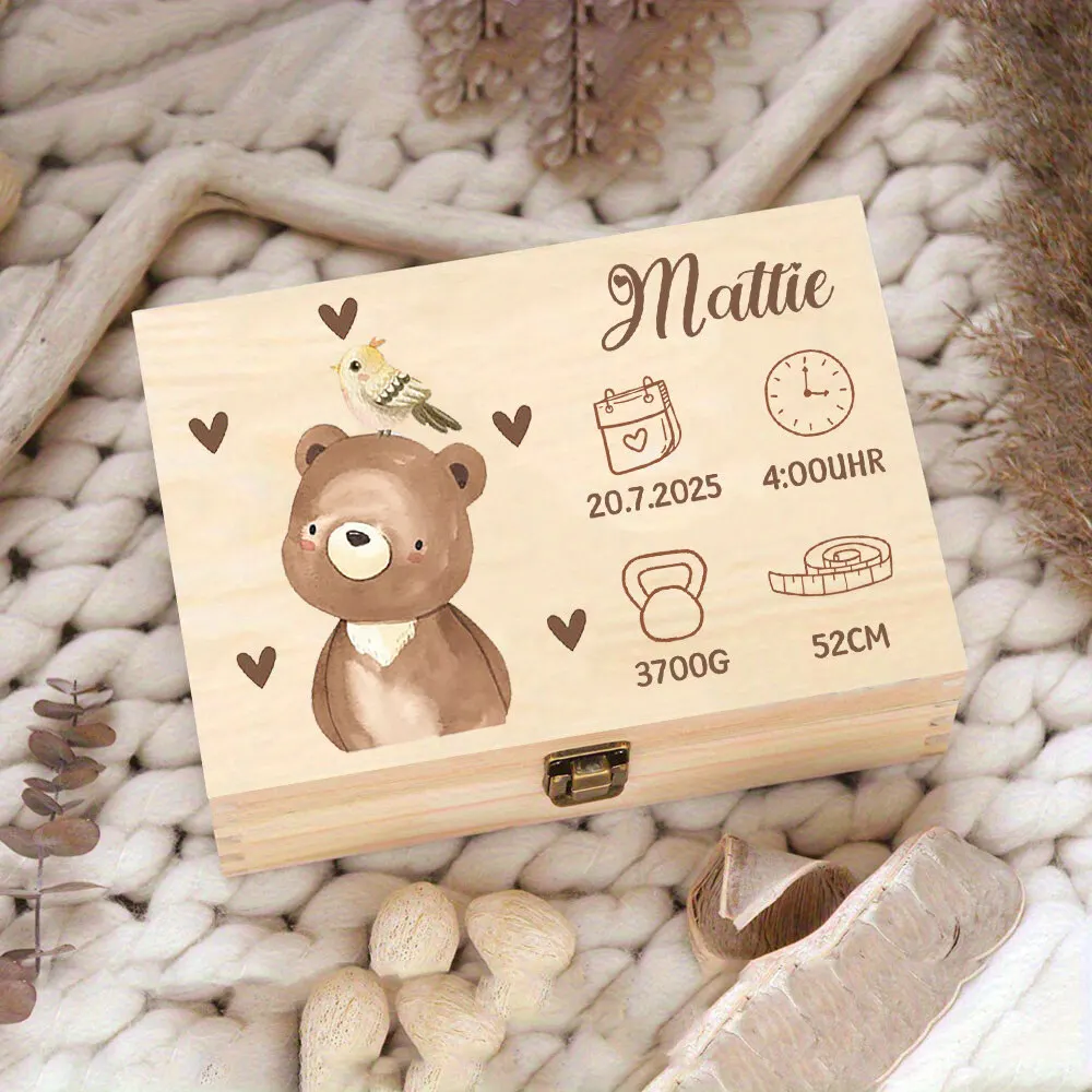 Personalised Animal Keepsake Box Gift for Baptism or Birth Wooden Memory Box with Name and Date of Birth Christening Gifts