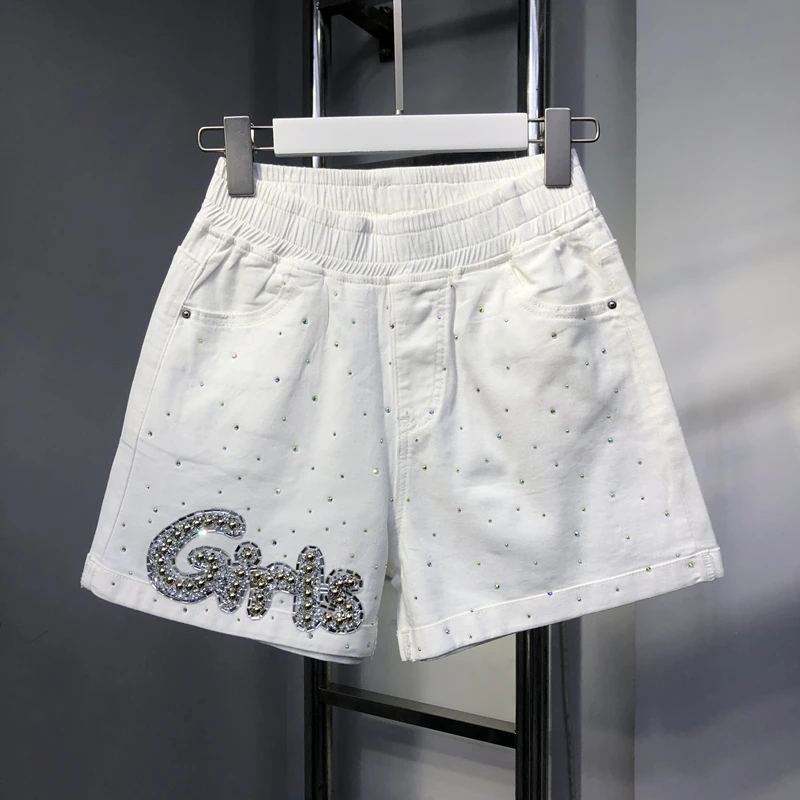 Diamond Letters Hot Drilling Female Denim Shorts Summer Thin Short Jeans 2022 New Stretch High Waist A-line Wide Leg Hot Shorts