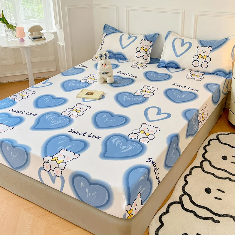 Cartoon Blue Love Heart Fitted Sheet Cute Bear Print Soft Comfortable Bedding Mattress Protector Elastic for Bedroom Guest Room