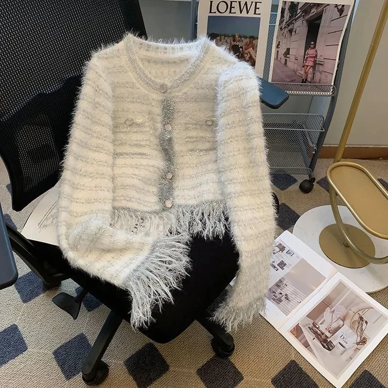

FashionBright Silk Tassels Small Fragrant Striped Sweater Cardigan Jacket Women's Autumn New Short Knitted Ladies Sweater Jacket