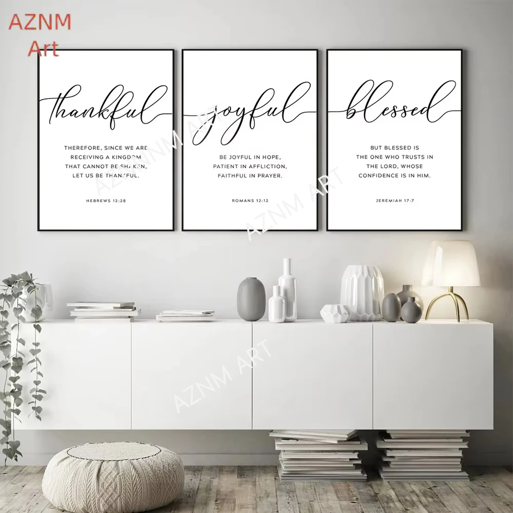Hebrews 12_28 Thankful Joyful Blessed Bible Verse Scripture Wall Art Canvas Painting Posters For Living Room Home Decor