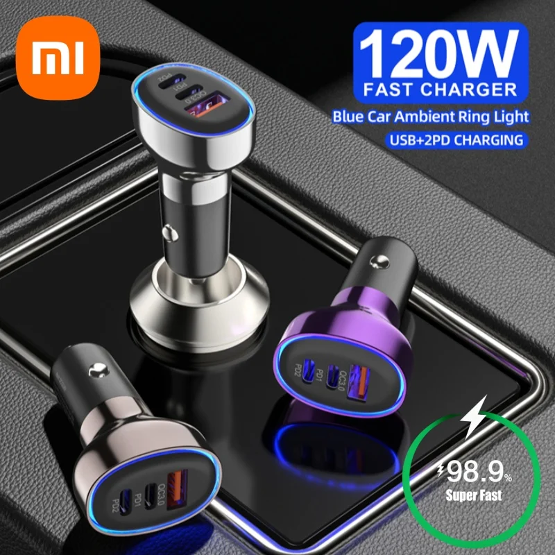 شاحن سيارة سريع Xiaomi 120 وات 2 في 1 USB C 30 وات + تيار متردد 30 وات شحن سريع 3.0 منفذ مزدوج عالمي 12 فولت 24 فولت لهواتف iPhone/Samsung/Android